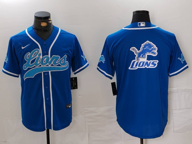 Men's Detroit Lions Team Big Logo Blue Cool Base Stitched Baseball Jersey Men's Detroit Lions Team Big Logo Blue Cool Base Stitched Baseball Jersey